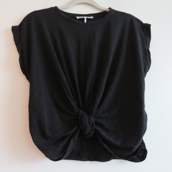 FRAME Knotted Roll-Sleeve T-Shirt in Black Cotton Minimalist Quiet Luxury - XS - Picture 2 of 9